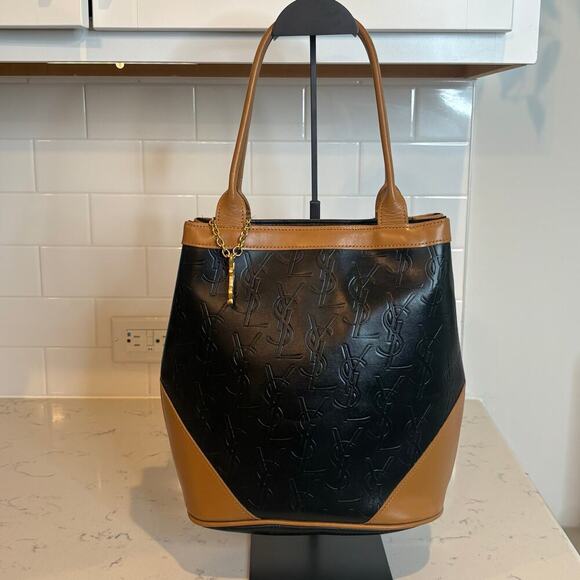 Yves Saint Laurent YSL Black & Tan Vintage Leather Tote Shoulder Bag - Picture 1 of 11